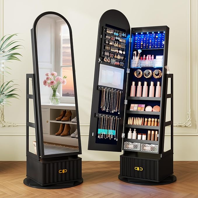 Vlsrka Arched LED Mirror Jewelry Cabinet with Full Length Mirror, Black | Lockable Jewelry Armoire Cabinet, 360° Swivel Jewelry Organizer with Drawer Storage, Foldable Makeup Shelf, 2 Rear Hooks