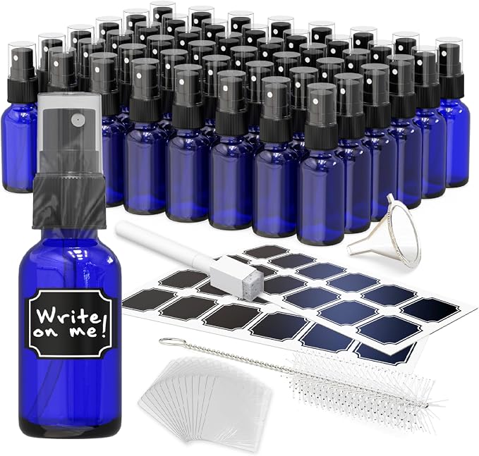 Nevlers Blue Glass Small Spray Bottle 1 Oz 48 Pack Mini Spray Bottle Set | Leakproof Glass Spray Bottles for Cleaning & More w/ Shrink Wrap, Funnel, Brush & Labels | Perfume Travel Refillable Bottles