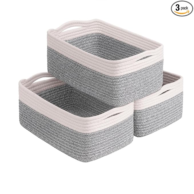 Goodpick Baskets for Shelves, Storage Basket for Organizing, Storage Bins, Toy Box, Wicker Basket for Organization 3 Pack, White & Light Gray, 13 x 8 x5 in