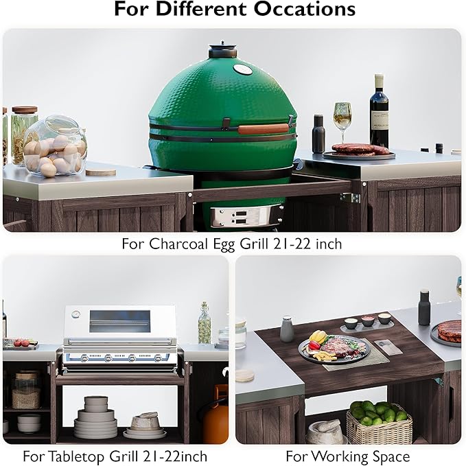 Amposei Outdoor Grill Cart Table for Large Big Green Egg Accessories 66.5’’ Solid Wood Kitchen Storage Island Prep Station with Stainless Steel Top for BBQ, Dark Brown