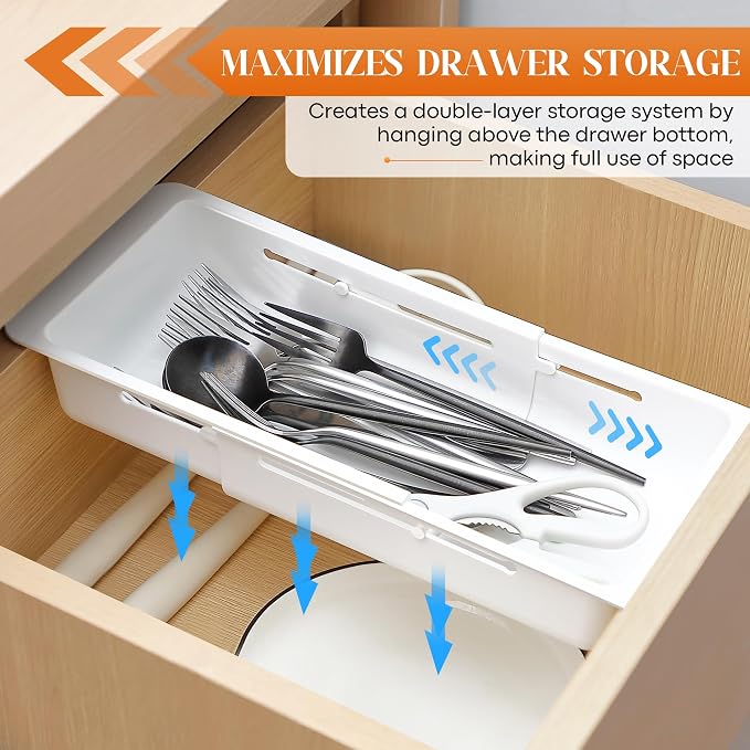 2 Pack Deep Drawer Organizer Adjustable Storage Bin(12.4-17.7") | Adjustable Width Design, Maximize Drawer Storage, Kitchen & Home Organization Solution