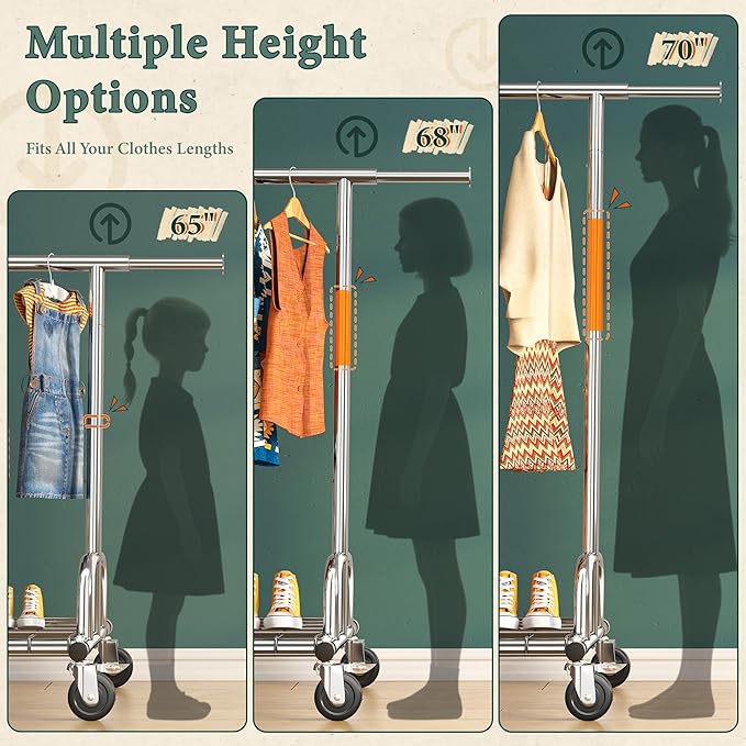 Raybee Heavy Duty Clothes Rack, 530LBS Capacity, Space-Saving Storage | 75"W Extendable Rod, Height Adjustable, Bottom Shelf, 360° Lockable Wheels, Collapsible Design, 5-Minute Tool-free Assembly