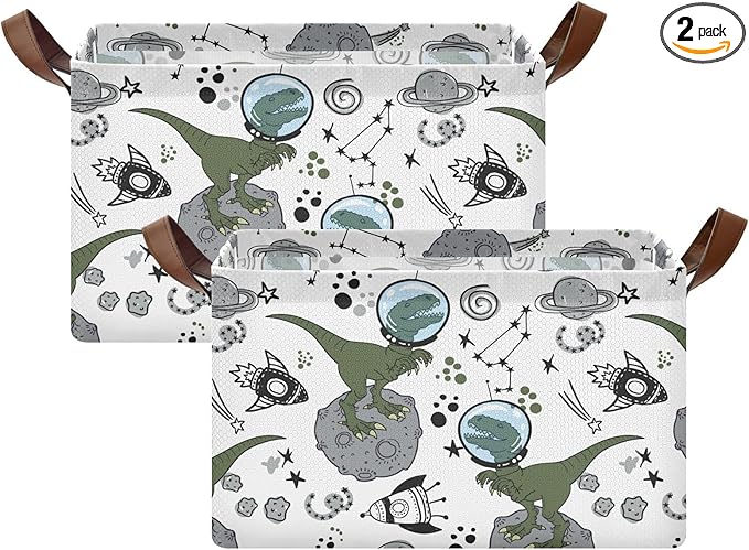 Space Rocket and Dinosaur Storage Basket Foldable Cube Storage Bins with Handles&Label Waterproof Collapsible Organizer Box Bin Large Rectangle Decorative Baskets for Shelves Home Room Laundry-2 Pack