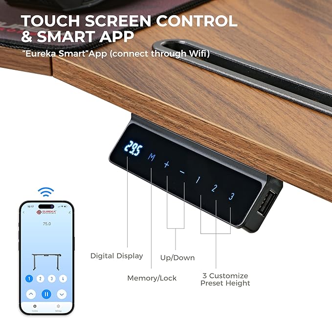 EUREKA ERGONOMIC Standing Gaming Desk with Dual Motor,63" Wing Shaped Computer Desk w Mouse Pad, Electric Adjustable Height Table w LED Monitor Stands,Slot Design,Walnut