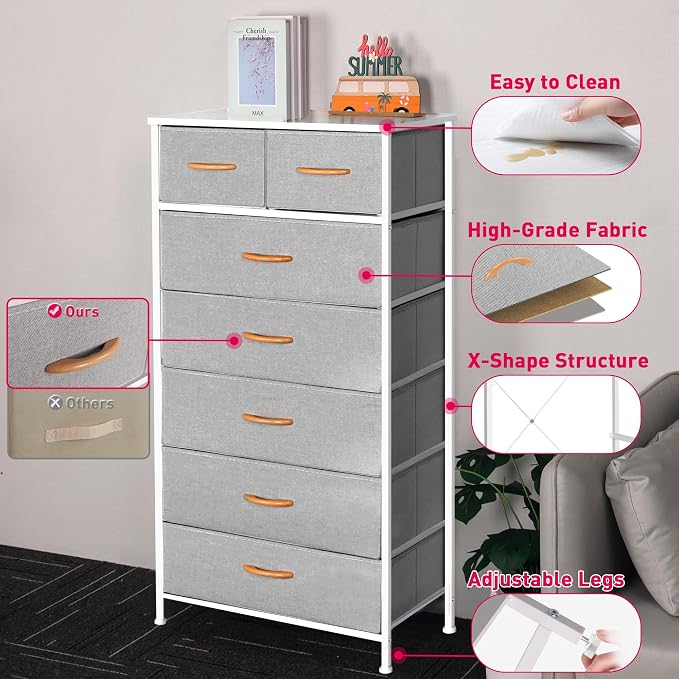Mifuro Tall Dresser for Bedroom, Vertical Storage Organizer Tower with 7 Drawers, Chest of Drawers with Fabric Bins, Steel Frame, Wood Top for Bedroom, Closet, Entryway- Light Grey