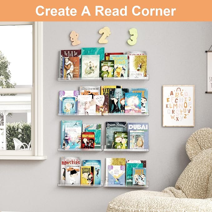 upsimples 12 Pcs 15" Acrylic Shelves for Wall Display and Storage, Clear | Transparent Design Highlights Skincare, Perfume, Easy-to-Find Versatile Floating Shelves for Bathroom, Bedroom and Playroom