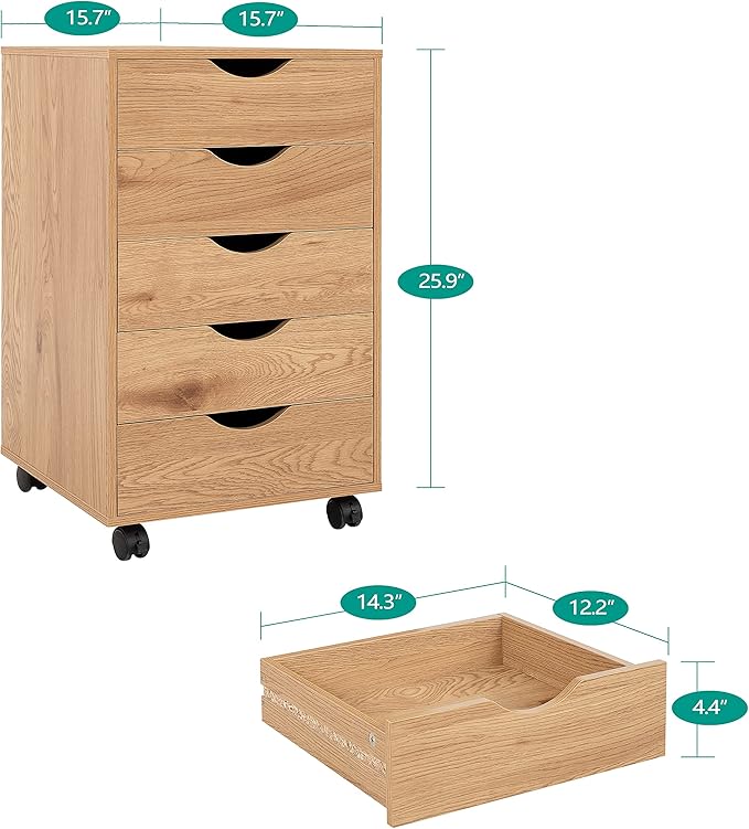 Naomi Home 5-Drawer Rolling Chest, Natural, Smart Storage with Metal Slide Glides & Smooth Wheels, Compact Space-Saver, Easy Assembly, Durable Engineered Wood