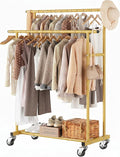 Calmootey Rolling Garment Rack with 2 Rods, Clothes Organizer for Bedroom | High-Low Rods, Two Lockable Wheels, Sturdy Metal Frame, Space-Saving, Fits Laundry, Living Room, Gold