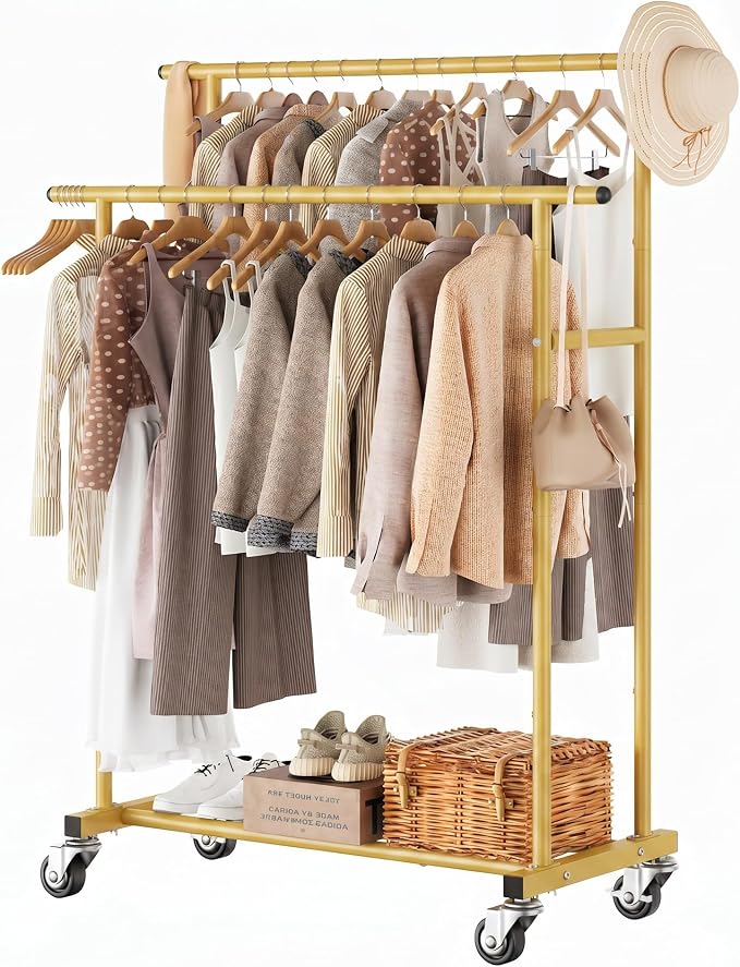 Calmootey Rolling Garment Rack with 2 Rods, Clothes Organizer for Bedroom | High-Low Rods, Two Lockable Wheels, Sturdy Metal Frame, Space-Saving, Fits Laundry, Living Room, Gold