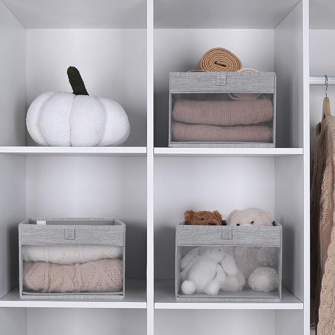 WUIKE Closet Storage Bins with Clear Window, Fabric Organizer Baskets with Handles, Foldable Linen Closet Organizers and Storage for Shelves, Light Gray, 11" L x 11" W x 8" H, 3 Pack
