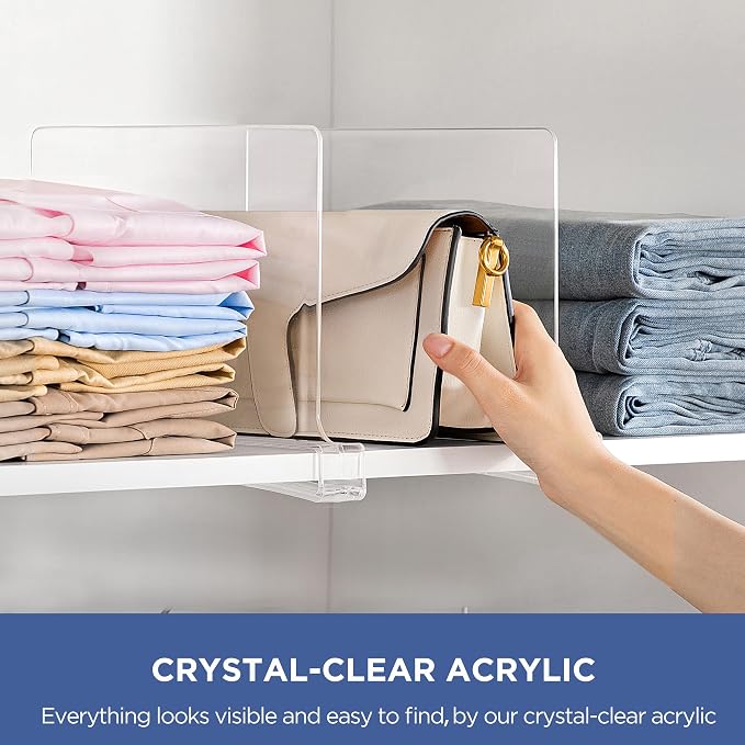 HBlife 2 Pack Clear Shelf Dividers, Vertical Purse Organizer for Closet Perfect for Sweater, Shirts, Handbags in Bedroom and Kitchen, Adjustable Acrylic Bookshelf for Organization