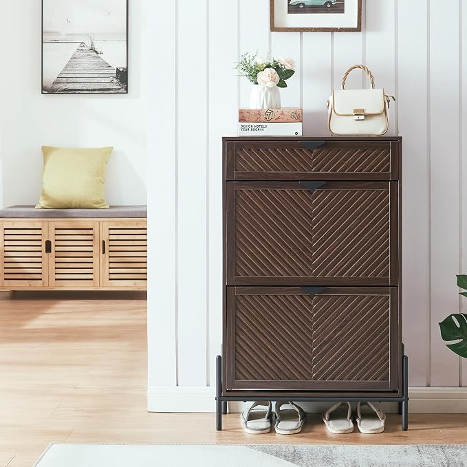 Shoe Cabinet with 2 Flip Drawers, Narrow Entryway Rack, Brown | Slanted Wood Grain, Freestanding, Adjustable Compartments, Removable Middle Shelf, Metal Handles, for Hallway Foyer Entrance
