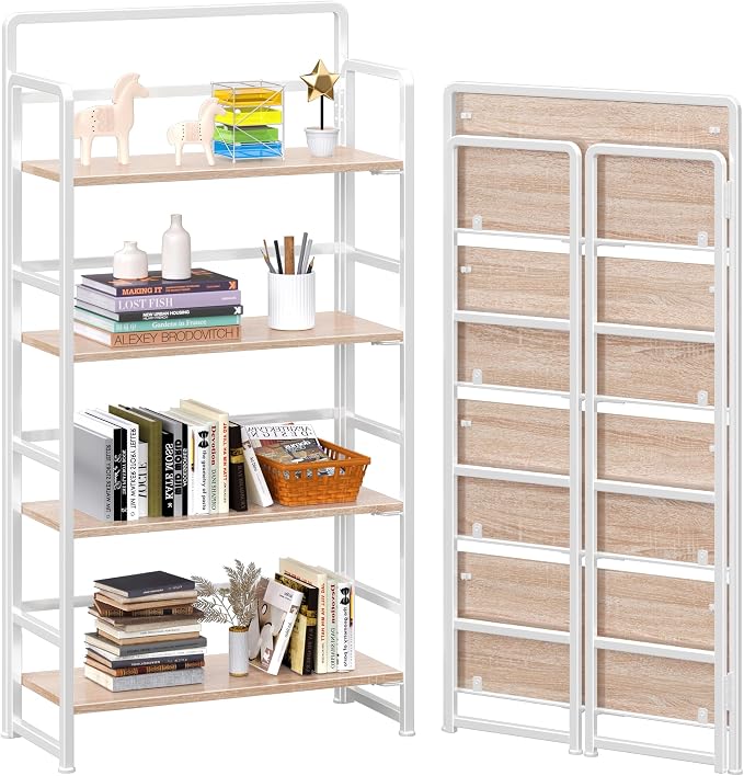 4NM No Assembly Folding Bookshelf, 4-Shelf 54" H Collapsible Foldable Bookcase Storage for Small Spaces, Natural White