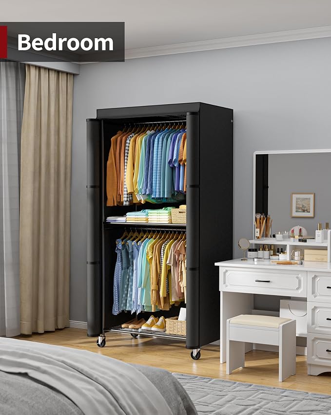 Sakugi Clothes Rack with Cover, Wardrobe Closet, 35.4"x17.7"x79.7", Iron | Bedroom, Dorm, Apartment, Open Front, Heavy Duty, Lockable Wheels, Rust-Resistant, Black