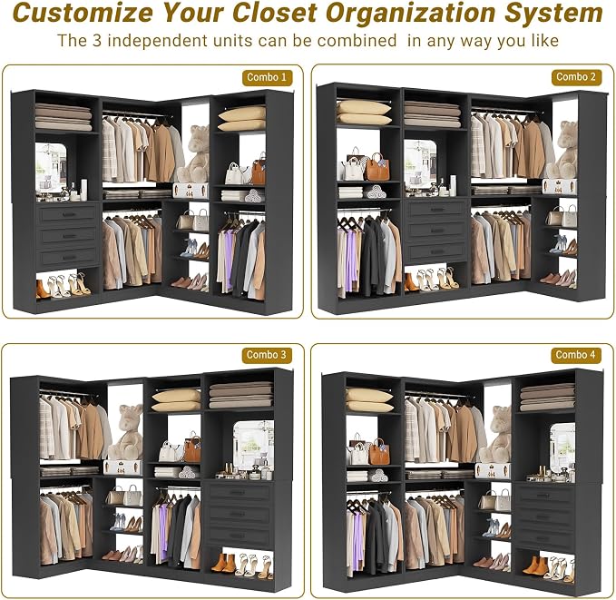 Unikito Closet System with Drawers，86”Modular Corner Closet Organizer System with Mirror，Freestanding Wood Wardrobe Organizer with Hanging Rods & Adjustable Shelves, Walk in Closet Tower, Black