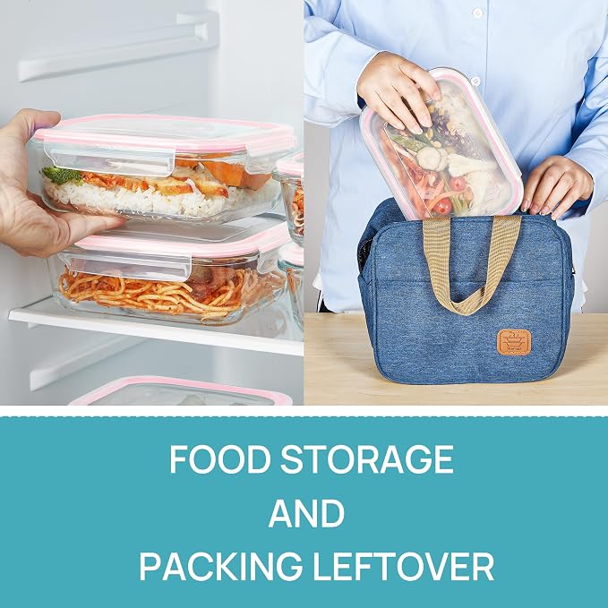 Vtopmart 5Pack 22oz Glass Storage Containers with Lids, Glass Meal Prep Food Container Sets with Snap Airtight Lid for Microwave, Oven, Freezer and Dishwasher, Pink