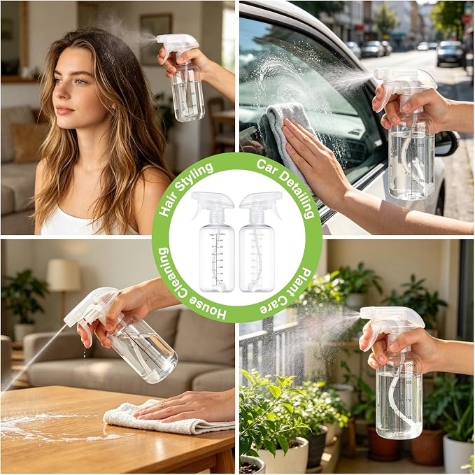 360° Spray Bottles 2 Pack 17oz Plastic Water Sprayer Small Squirt Bottle | Empty Water Spray Bottle Fine Mist Upside Down Containers with Adjustable Nozzle BPA Free for Hair Cleaning Cooking Plant Pet