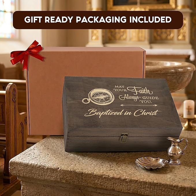 Engraved Baptism Memory Box – Wooden Keepsake Box for Christening Gifts, Baby Dedication, or First Communion – X-Large Size – Dark Walnut Finish –14.12 x 9.5 x 4.5 in