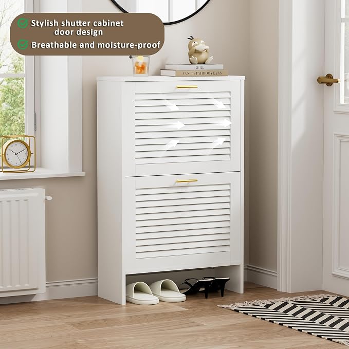 Narrow Shoe Cabinet Storage for Entryway, White | Freestanding Shoe Organizer with 2 Flip Drawers, Louvered Doors, Anti-tip Device, Modern Show Rack
