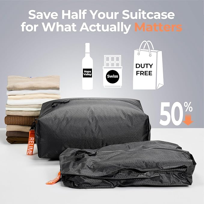 Relime Classic Series Vacuum Bags for Travel Luggage with Wireless Pump, Compression Bags for Carry On Suitcases and Backpack, Vacuum Seal Packing cube for Cloth Packing ((2PC + PUMP Gray & Green)