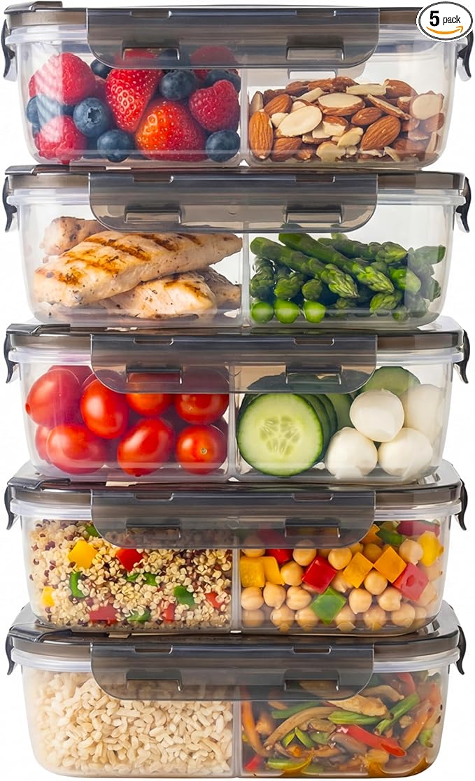 Compartmentalized Plastic Airtight Food Storage Containers with Vented Lids, 3-Compartment Design, BPA-Free, 5-Pack (5.5 Cups Each) for Meal Prep and Portion Control