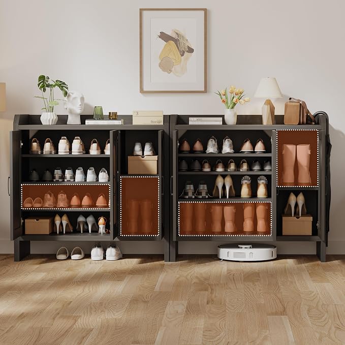 Mericonia Rattan Shoe Storage Cabinet, Farmhouse Shoe Cabinets Storage for Entryway, Boho Wooden Shoe Rack with 3 Doors for Entryway, Hallway (Black, 3 Door)