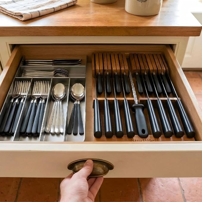 In Drawer Knife Block Acacia Wood, Knife Drawer Organizer Insert Large | 17-Slot Space Saving Drawer Knife Block, Secure Blade Tip Shield & Naturally Moisture-Free Timber (Knives Not Included)