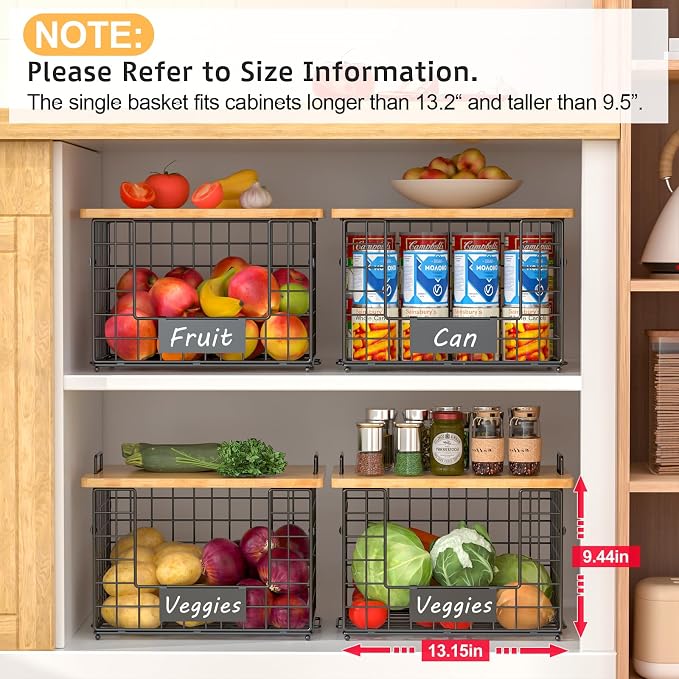 2-Pack Stackable Wire Baskets with 2 Pads & Bamboo Top, Pantry Organizer | Potato and Onion Storage Bin with Labels, Organize Produce/Fruit/Vegetable on Kitchen Counter, Cabinet or Under Sink, XL
