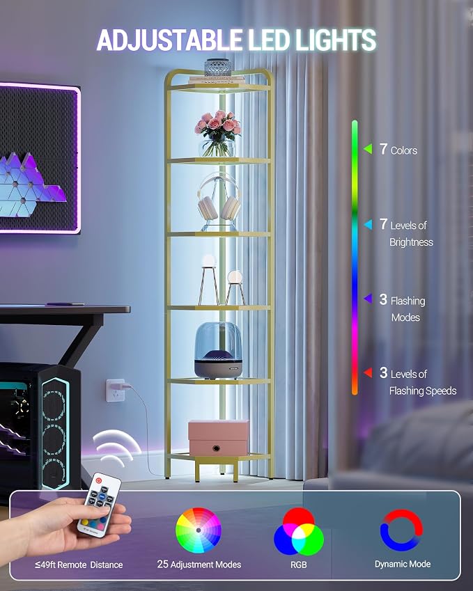Hzuaneri Corner Shelf with LED Lighting, 6-Tier Glass Bookshelf | Steel Frame, Tempered Glass, Modern Style Corner Shelf, Suitable for Living Rooms, Bedrooms and Games Rooms