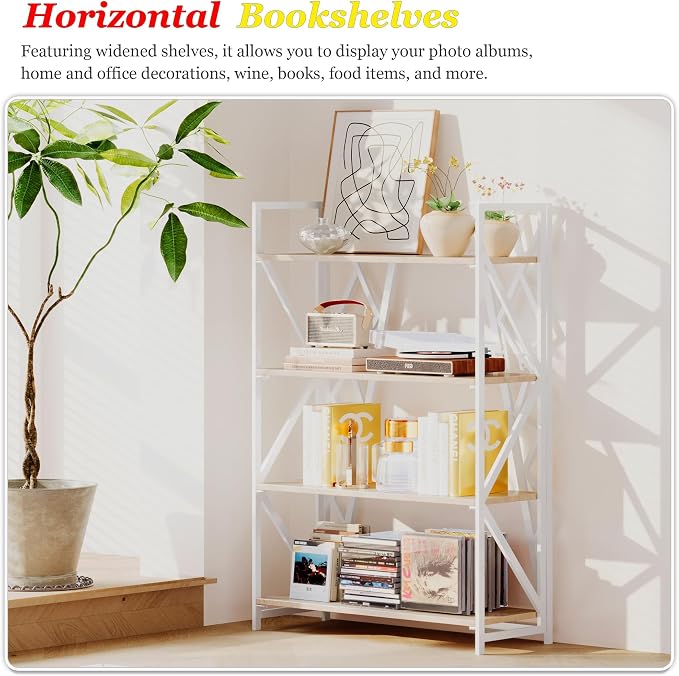 UDD No Assembly Wide Folding Bookshelf, 50.8" H x 30.9" W, 4 Tier Foldable Book Shelf Industrial Bookcase, Vintage Collapsible Storage Shelves for Home Office Living Room Bedroom, Light Oak White