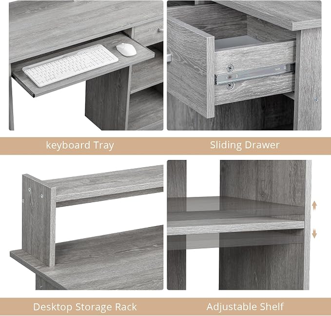 Karl home Computer Desk Study Writing Desk, Wooden Home Office Workstation PC Laptop Table with Drawer Shelf Keyboard Tray, Grey