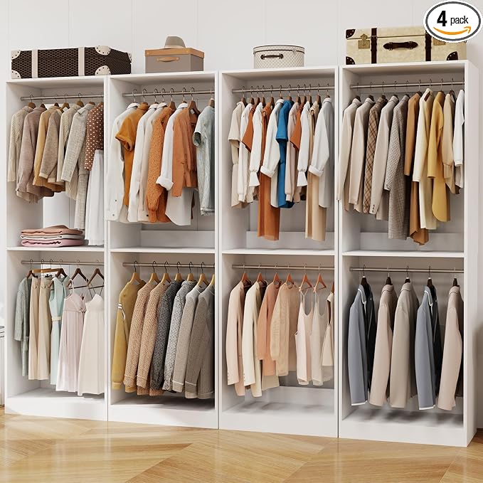 Closet System, 8FT-21FT Wood Closet Organizer System | Closet Storage System with 12 Hanging Rods, 81" Tall Modular Closet System, Standalone Walk In Closet System,Set of 4, White