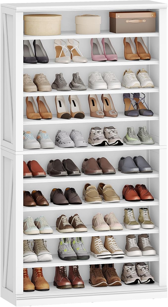 Hzuaneri Shoe Storage Cabinet,10 Tiers Farmhouse Tall Shoe Cubby Organizer | Freestanding Shoe Cabinets, Wooden Shoes Rack with Cubby, 36-40 Pairs, for Entryway, Living Room, White SR59203X