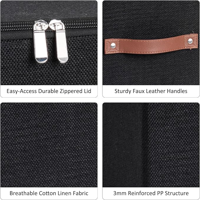 4PCS Large Storage Cubes with Zippered Lids 3 PU Leather Handles | Fabric Storage Bins Boxes Cotton Linen Decorative Foldable Washable Lidded Shelf Closet Organizer Container (Black, 13 Inch)