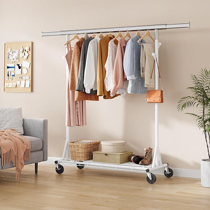 Gewudraw Clothes Rack Heavy Duty 530 LBS Capacity, Portable, Foldable,White | Rolling Clothing Rack With 4" Wheels,Shelf, Hooks, Adjustable, Collapsible, Garment Rack for Wardrobe,Bedroom, Laundry Room