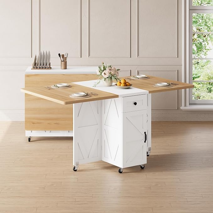 Jocoevol Folding Dining Table for Small Spaces, Foldable Kitchen Table with Drawer, 2-Tier Storage Shelf & Wheels, Space Saving Dining Table for 2 4, Farmhouse, (Natural 47.2" x 23.6" x 29.5")