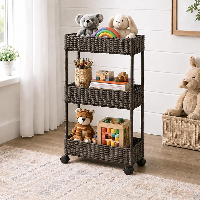 Casafield 3-Tier Slim Rolling Storage Cart - Espresso Dark Brown, Water Hyacinth Utility Cart for Bathroom, Craft Room, Nursery, Laundry Room Organization