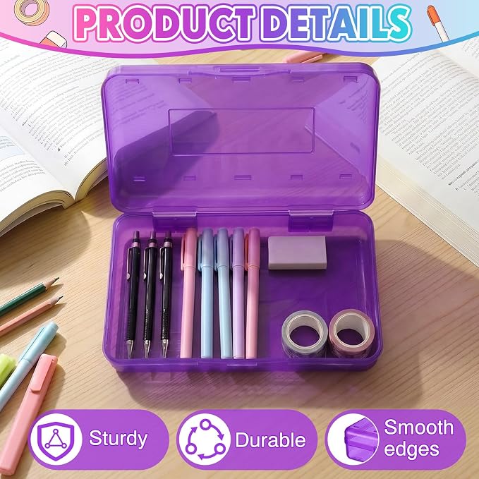 Blulu 6 Pack Large Plastic Pencil Case Box Clear Pencil Boxes Bulk Hard Crayon Box Storage with Snap Lids 8.1 x 4.7 x 2.2 Inch Painting Organizer Classroom Stationery School Supplies (Cute Color)