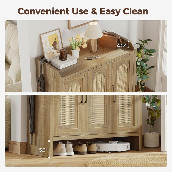 Mericonia Rattan Shoe Storage Cabinet, Farmhouse Shoe Cabinets Storage for Entryway, Boho Wooden Shoe Rack with 3 Doors for Entryway, Hallway (Natural, 3 Door)