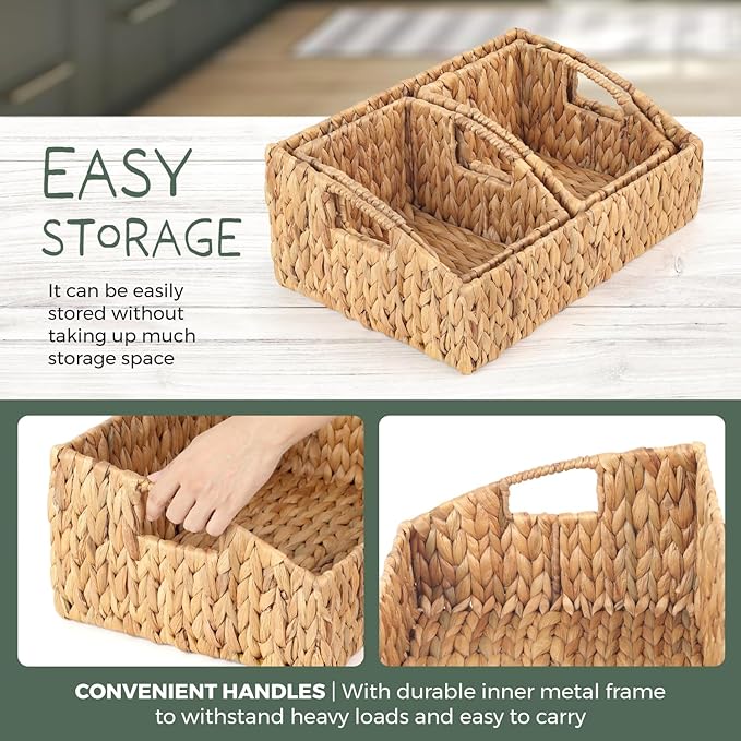 Set of 3 Handwoven Storage Baskets – Decorative Natural Wicker Organizer Bins with Built-in Handles for Bathroom, Kitchen, Pantry, Nursery, Closet, Laundry, Living Room, and Home Use