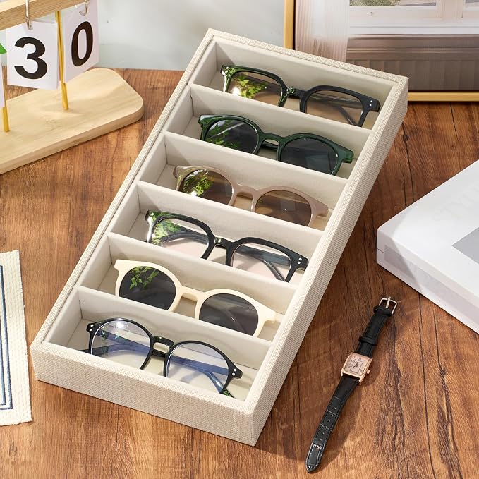 Juexica 2 Pcs Velvet Sunglasses Organizer Tray 6 Grid Sunglass Organizer Velvet Tray Stackable Glasses Display Case for Women Glasses Jewelry Display Watch (Linen)
