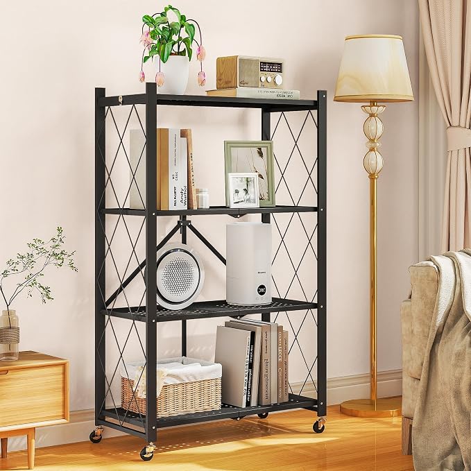 Fenbeli 4 Tier Folding Storage Shelf with Wheels, Heavy Duty Metal Shelving Unit No Assembly, Foldable Rolling Storage Rack 600 LBS Capacity, Locking Casters for Garage Kitchen Pantry(Black, 4 Tier)