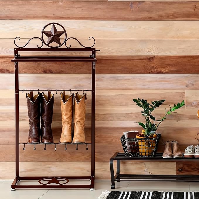 Novabright Western Boot Rack for 4 Pairs, Metal Star Freestanding Cowboy Boot Rack Vertical Organizer Storage Rustic Western Tall Boots Organizer Shelf for Tall Boots Hats Belts and Accessories