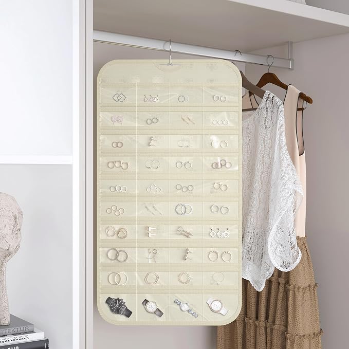 Hanging Jewelry Organizer 80-Pocket Double-Sided Storage, 1-Pack, Beige