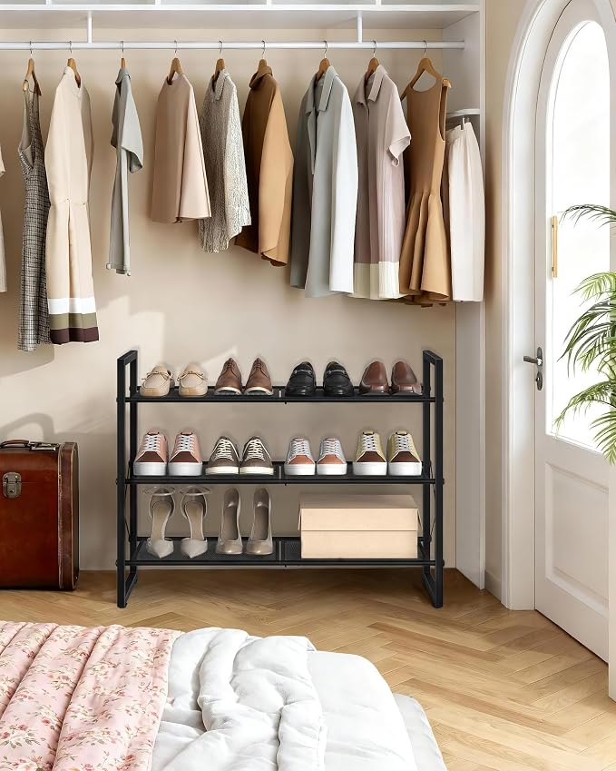 CHOEZON Shoe Rack, 3-Tier Shoe Rack for Closet, Metal Shoe Storage Organizer, Shoe Rack for Entryway, Shoe Shelf with Adjustable Feets, for Entryway, Hallway, Living Room, Bedroom, Black TXJ13BB