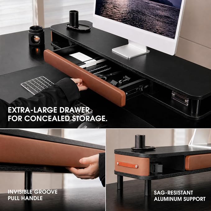 Fenge Dual Monitor Stand with Large Storage Drawer, 42.5" Dsek Shelf, Black | Slide-Out Drawer, Ergonomic Monitor Riser, Aluminum leg, 2-Tier Desk Organizer for Laptop, TV, PC