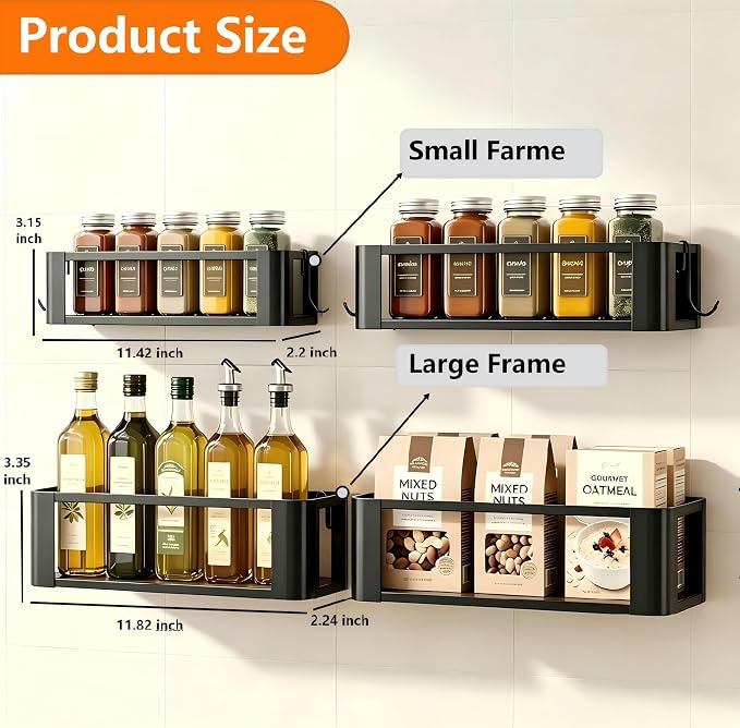 Wall Mounted Spice Rack, Black, 4 Pack | 4 Hooks Included, Screw or Adhesive Installation, For Stove Cabinet Pantry Door, Kitchen and RV Use