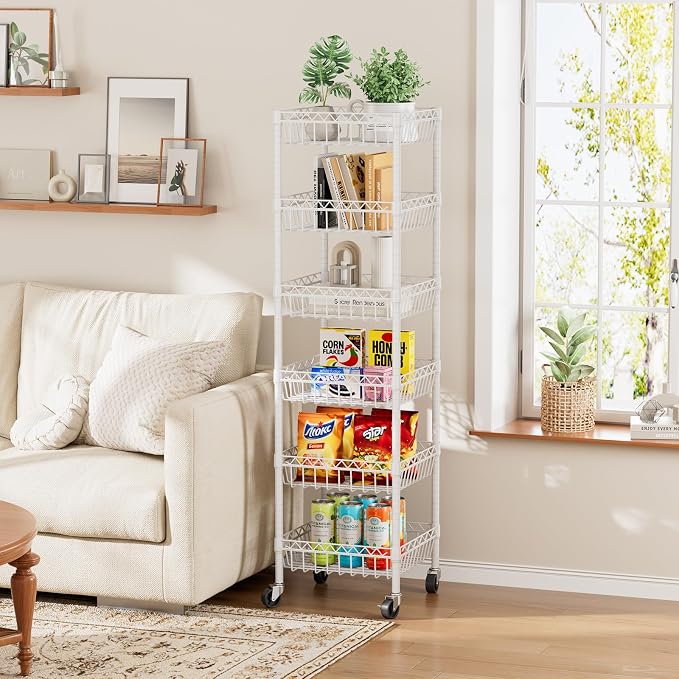 Golpart Basket Shelves Closet Rack with Wheels Metal Pantry Wire Shelf Unit | 6 tier Storage Rolling Shelving Bathroom Organizers Kitchen Garage Laundry Room Organization Home 13.6"Dx13.6"Wx63"H White