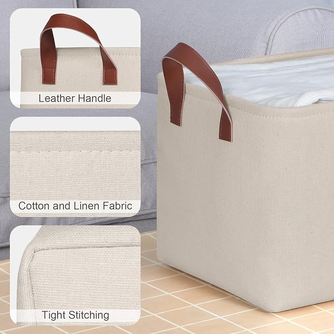 KEEGH Storage Baskets for Organizing Cube Storage 15 in, 4 Pack, Beige | Fabric Material, With Leather Handle, Closet Organization, Storage Bins for Living, Bedroom, Study