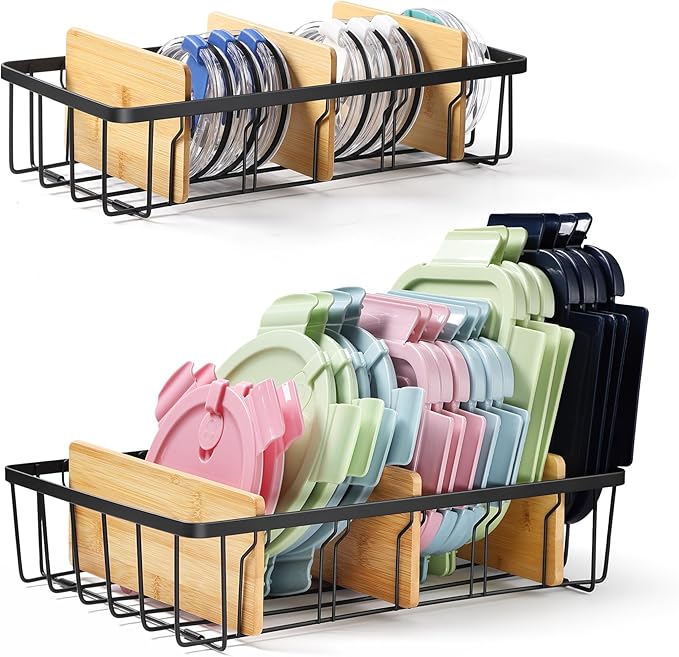 2-Pack Adjustable Lid Organizers - Large Kitchen Cabinet Organizer for Food Storage Container and Tumbler Cup Lids with 6 Bamboo Dividers - Organizers in Kitchen/Pantry/Laundry Room